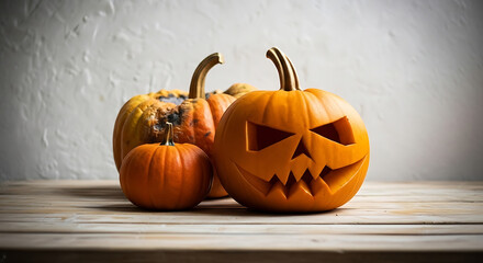 Scary Carved Pumpkin Faces on Wooden Table for Halloween Night
