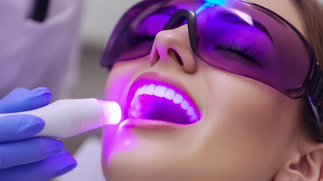 Modern Dental Procedure: Woman undergoing teeth whitening treatment for brighter smile at clinic