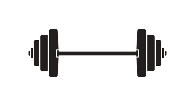 A stark black silhouette of a barbell with weight plates on each end representing strength training and fitness silhouette
