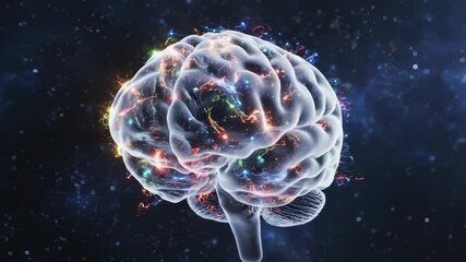 Animated Brain Radiating Energy Against Dark Cosmic Background - Powered by Adobe