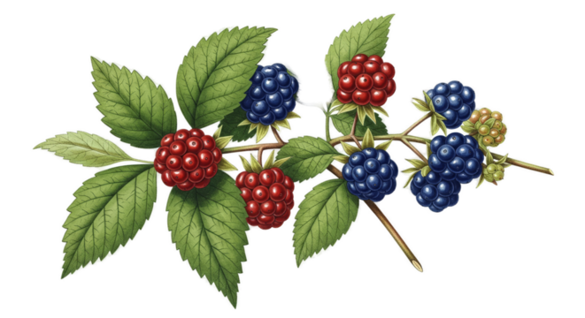 Blackberry Branch With Red And Blue Berries On Green Background