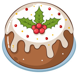 Fototapeta premium Festive holiday pudding with icing and holly, topped with berries, illustration of Christmas baking and sweet wintertime dessert