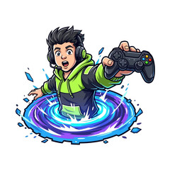 Cartoon gamer emerging from a portal holding a controller with headset on a white background