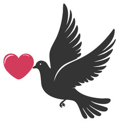 Obraz premium Black flying dove carrying a vibrant red heart in its beak, a symbol of peace and love