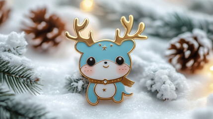 Christmas reindeer toy and Christmas tree branch and cones in snow. Christmas decoration. Christmas and New Year Background