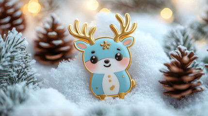 Christmas reindeer toy and Christmas tree branch in snow. Christmas decoration. Christmas and New Year Background