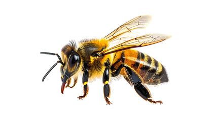 Honeybee on black. Close up, detailed macro shot of a honey bee, wings slightly extended, against a black background