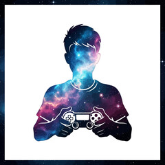 Silhouette of a boy holding a game controller filled with a galaxy design on a white background