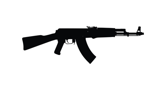A stark black silhouette of an ak 47 assault rifle on a clean white background symbolizing power and conflict silhouette