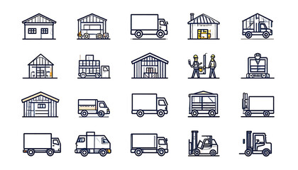 Icon collection featuring warehouses, trucks, forklifts, and delivery scenes in a minimalist, pixelated style on black