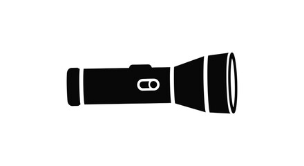 Hand drawn simple black silhouette of a flashlight with a wide beam on a white background