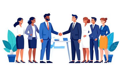 Illustrated diverse business people two men shake hands, surrounded by colleagues near potted plants