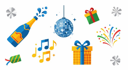 Festive Party Elements Champagne, Disco Ball, Gifts & Confetti