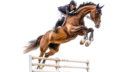 Equestrian sport horse and rider jumping isolated on transparent background