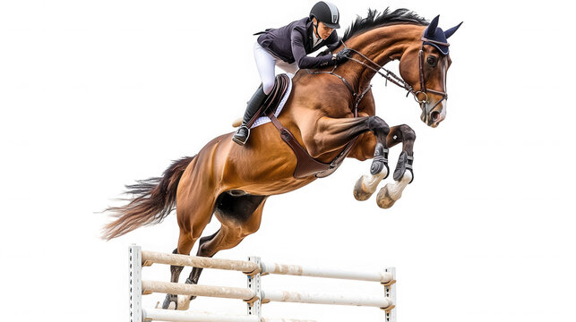 Equestrian sport horse and rider jumping isolated on transparent background