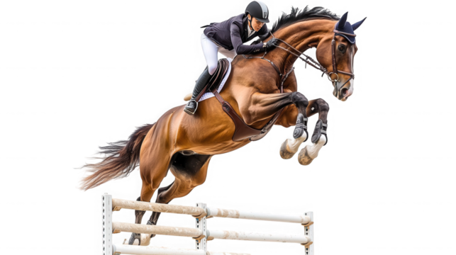 Equestrian sport horse and rider jumping isolated on transparent background