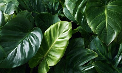 Fototapeta premium dense tropical foliage large glossy green leaves of philodendrons
