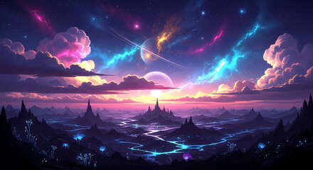 Enchanting Fantasy Landscape with Aurora and Cosmic Elements.