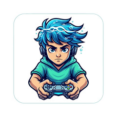 Cartoon gamer with blue hair and headphones holding a game controller with an intense expression