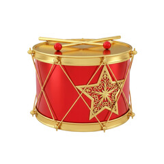 Festive Red and Gold Christmas Drum Ornament with Star Design and Drumsticks, Holiday Music Theme.