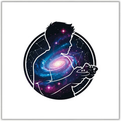 Silhouette of a gamer with galaxy fill holding a controller inside a circle with constellations