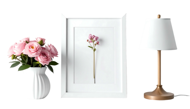 Pink roses in white vase, framed flower, lamp sit on dark background in clean minimal composition