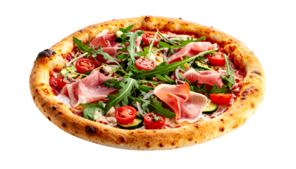 Round pizza with crust, topped with ham, arugula, cherry tomatoes, and zucchini slices on black