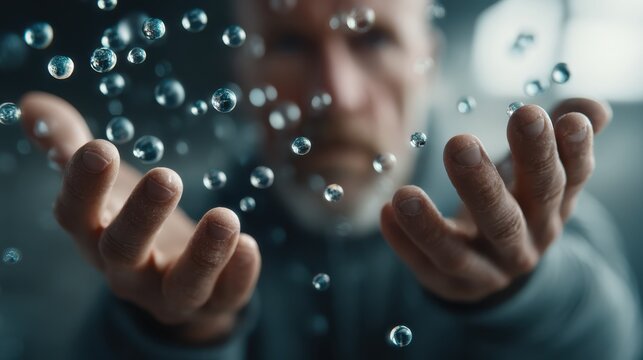 A hero uses telekinesis to hold multiple floating objects in a surreal scene. - Powered by Adobe