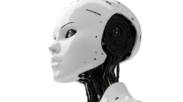 Side view of female robot head isolated on transparent background, ai concept
