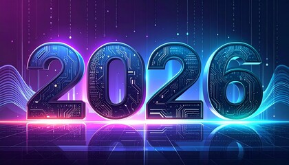 A futuristic “2026” typography design integrated with technology, artificial intelligence, and robotics elements. The numbers 2 0 2 6 are illuminated in neon blue and silver tones with glowing circuit