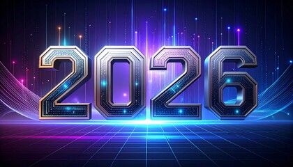 A futuristic “2026” typography design integrated with technology, artificial intelligence, and robotics elements. The numbers 2 0 2 6 are illuminated in neon blue and silver tones with glowing circuit