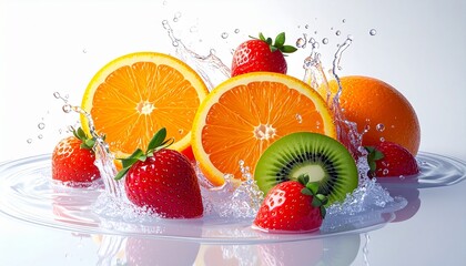 A vibrant assortment of fresh oranges, strawberries, and kiwi splashing in clear, cool water on a white background.
