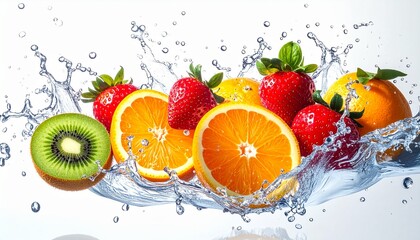 Assortment of fresh, vibrant fruits including kiwi, oranges, strawberries, and lemons, splashing in clear water against a clean white background.