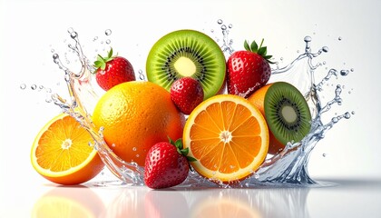 A vibrant composition featuring an assortment of fresh fruits with water splashes, creating a refreshing visual.