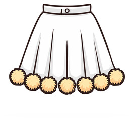 White Pleated Skirt Adorned with Cute Fluffy Pom Poms Fashion Illustration
