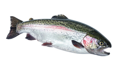 Iridescent trout with pink stripe along side, isolated against a black background, showing texture and details