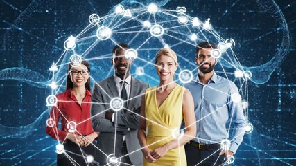 Diverse Team Connection - A diverse group of four professionals stand smiling against a digital network and brain background. - Powered by Adobe