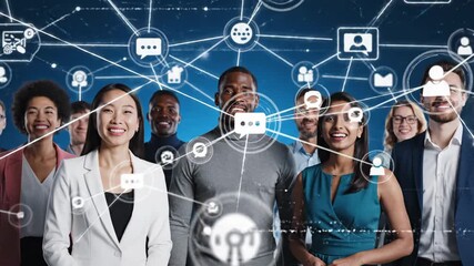 Diverse Group Connected by Social Network - A diverse group of people are smiling and looking up with digital social network icons and connections around them. - Powered by Adobe