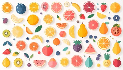 Colorful assortment of various fruits, including citrus, berries, and tropical varieties.