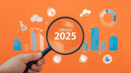 Trends 2025 year concept. Hand holding magnifying glass with 2025 trend searching Website bar. For optimization 2025 business marketing trends and business plan in new year.