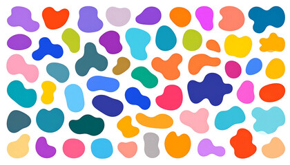 Irregular, colorful shapes outlined on black backdrop, diverse hues, organic feel, chaotic arrangement