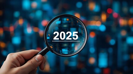 Trends 2025 year concept. Hand holding magnifying glass with 2025 trend searching Website bar. For optimization 2025 business marketing trends and business plan in new year.