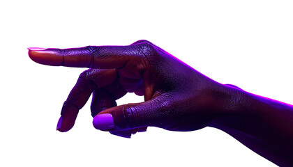 Isolated dark skin hand, finger pointing left, vibrant pink/purple lighting. Black background highlights hand contours