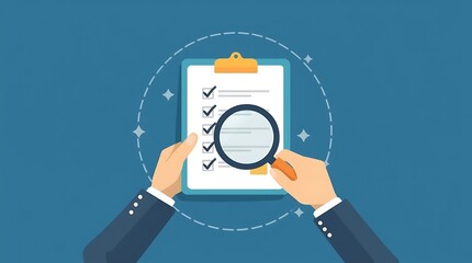 Document review process and quality control concept. Hand holding magnifying glass over a document icon with checklist. Document review and approval.