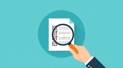 Document review process and quality control concept. Hand holding magnifying glass over a document icon with checklist. Document review and approval.