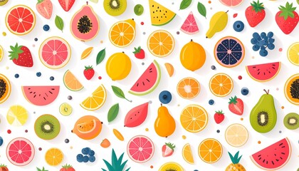 A vibrant and colorful assortment of fresh fruits, including strawberries, oranges, kiwis, and watermelons, arranged in a playful pattern on a white background.
