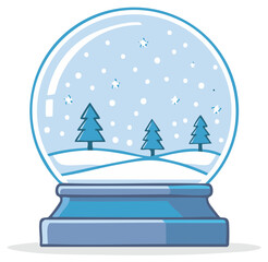 Winter scene snow globe with falling snow and evergreen trees in a blue base