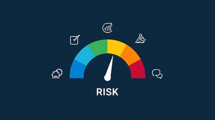 Risk assessment and management performance indicator gauge. Risk level gauge from low to high with icons a performance evaluation, analysis, strategic planning.