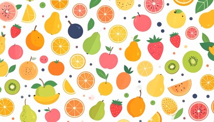 Colorful fruit pattern with oranges, pears, apples, strawberries, and kiwi.