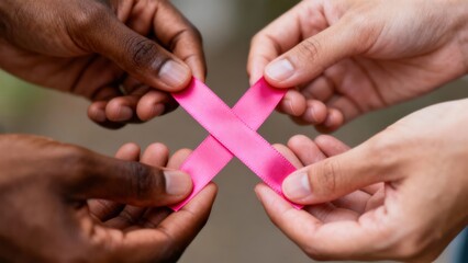 Fototapeta premium Hands Holding Pink Ribbon Symbolizing Breast Cancer Awareness and Support